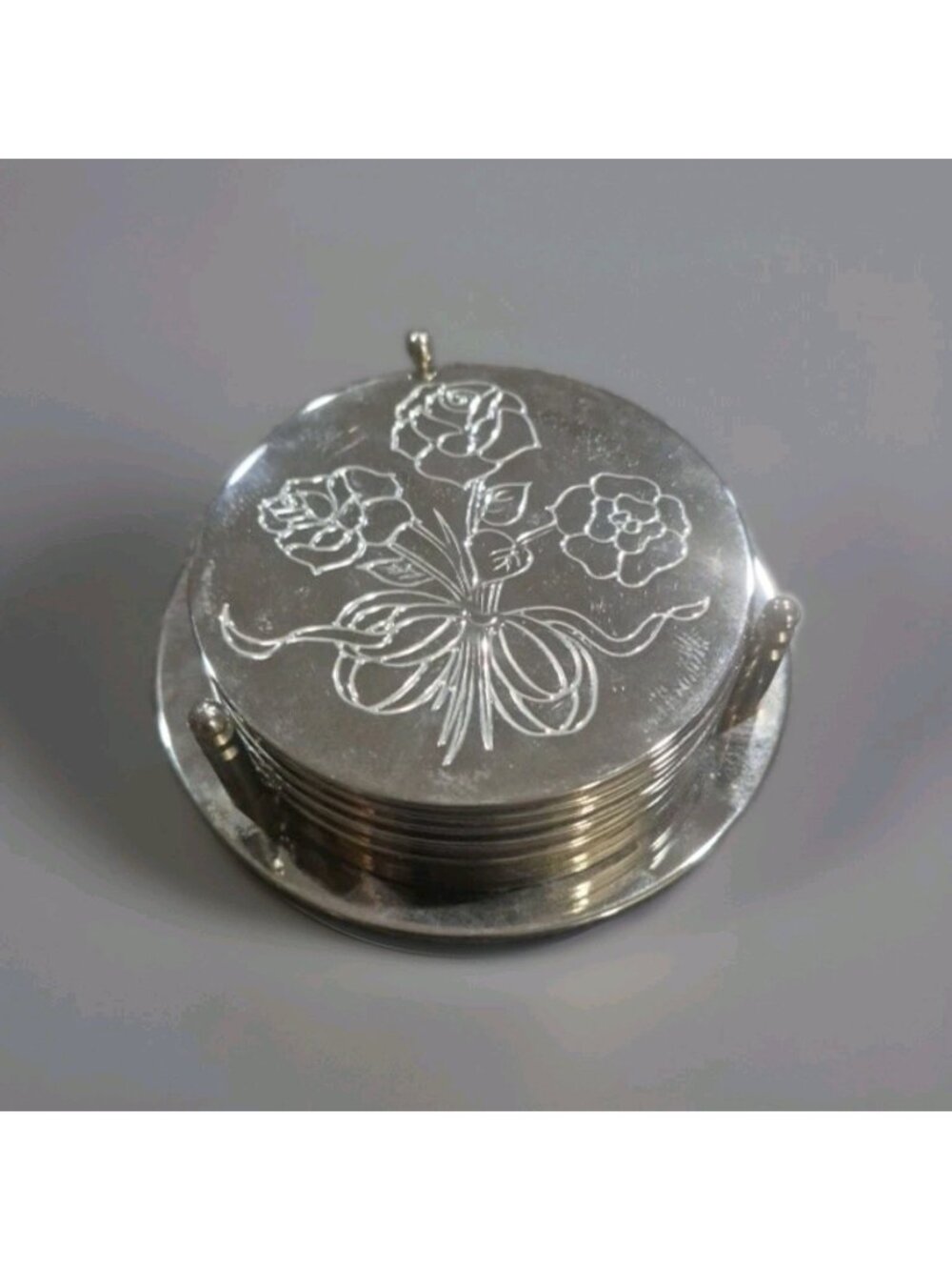 Vintage Silver Plated Coaster Set of 6 w/ Caddy Embossed Scroll Floral